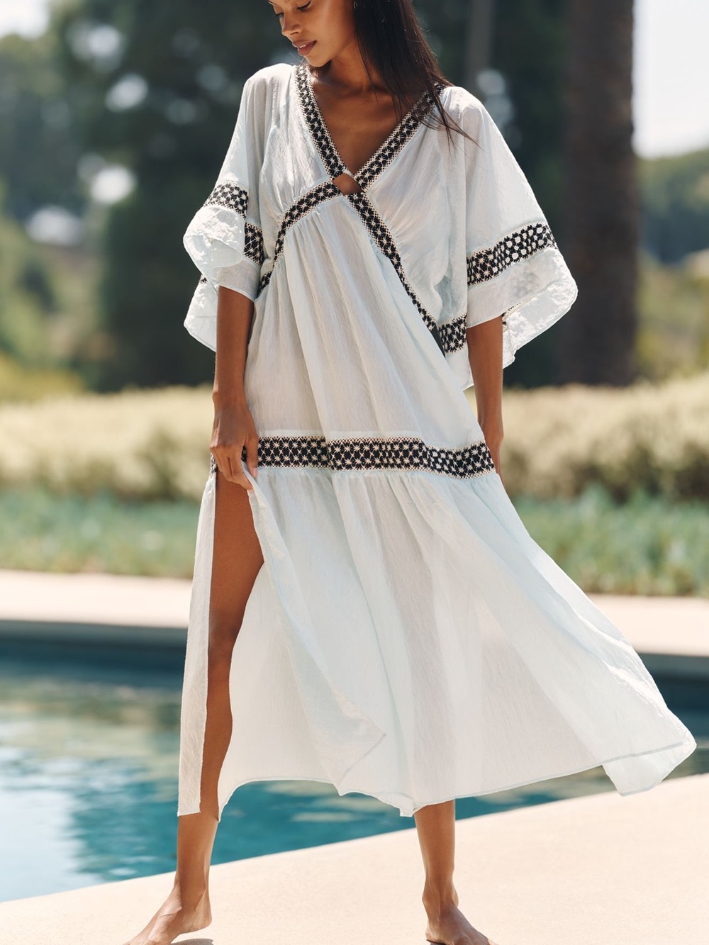 Lightweight light blue Embroidered V-Neck Swim Coverup